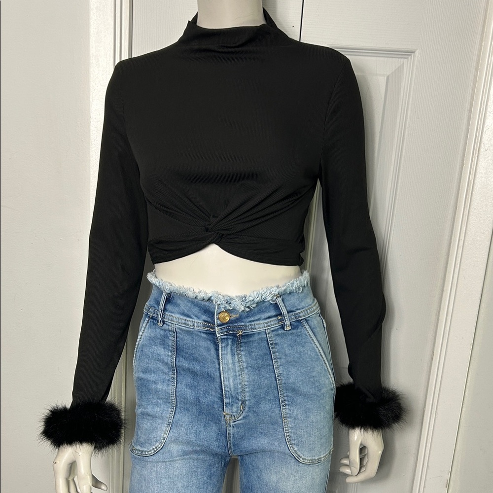 Black Long-Sleeve Twist Crop Top with Faux Fur Cuffs